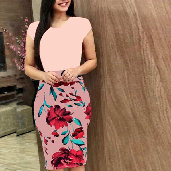 Women’s Elegant Office Dress – Plus Size Printed Midi Pencil Dress