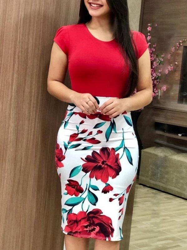 Women’s Elegant Office Dress – Plus Size Printed Midi Pencil Dress